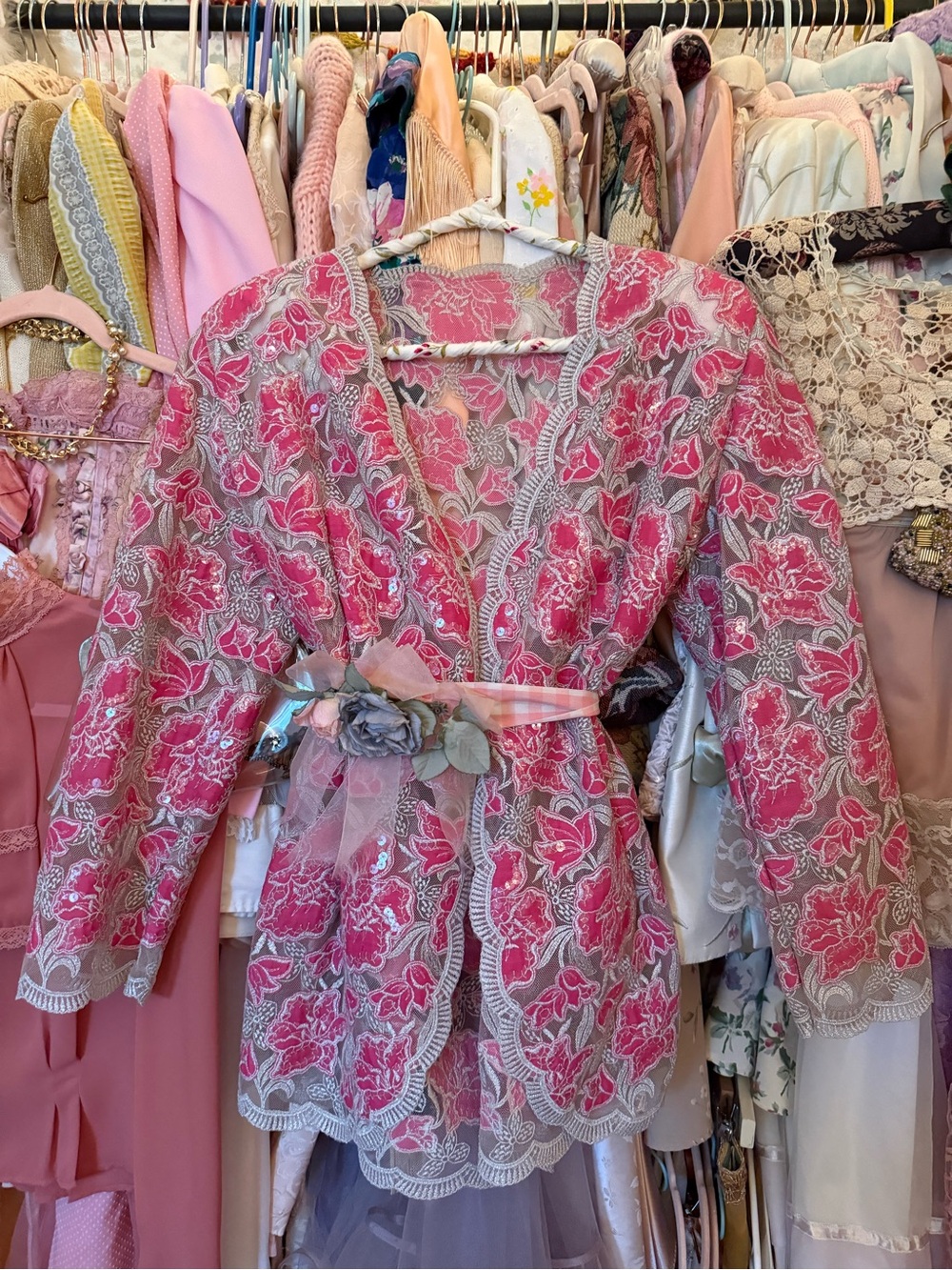 80s Vintage Galmoratti Pink Floral Lace Blazer with Sequins and Silver Accents